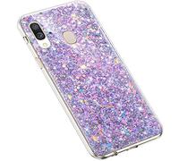 Uposao Galaxy A40 Coque Glitter de Luxe,Bling Gliter Strass Paillettes Coque Transparent Cristal Scintilla Silicone TPU Souple Housse Etui de Protection Coque pour Galaxy A40,Violet