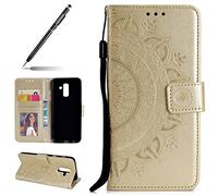 Uposao Housse Etui Galaxy A6 Plus Coque en PU, Flip Cover Case Bumper Coque de Protection Pochette Portefeuille en Cuir à Rabat Clapet étui Mandala Ultra Slim Coque pour Galaxy A6 Plus,Doré