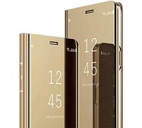 Uposao Miroir Coque Huawei P20 Lite Flip Cover Portefeuille PU Cuir + Miroir Complet étui Support Mirror Clear View Miroir à Rabat Smart Case Cover Coque à Rabat Magnétique Huawei P20 Lite-Doré