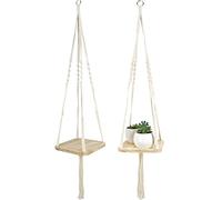 Uposao Plante Cintre Macramé Suspension Corde Plante Macramé Pot de Fleur Titulaire avec Plateau en Bois Plante Cintre Intérieur Extérieur Décoration, Jambes en Corde Coton avec Frange