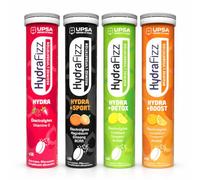 UPSA - Hydrafizz Découverte x4 - Hydratation, Énergie, Sport et Détox - Électrolytes, Vitamine C, Caféine, Ginseng et Plantes - 4 Boîtes de 16 Comprimés Effervescents - Fabriqué en France