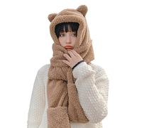 Upstore Écharpe d'hiver 3 en 1 pour femme - Longue écharpe à capuche épaisse et chaude avec moufles en peluche douce - Chapeau écharpe multifonction - Chapeau animal - Écharpe - Moufles - Cache-cou -