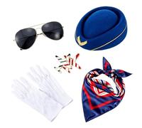 Upstore Lot de 5 accessoires de costume d'hôtesse de l'air pour femme, chapeau de vol, lunettes de soleil, écharpe, gants, broches (rouge), bleu, M