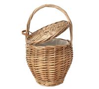 UPTALY 1 sac à main en osier naturel avec couvercle (20 x 34 cm), fait à la main, sac seau rétro avec couvercle, panier à fleurs rond, pot de fleurs suspendu, sac fourre-tout en rotin pour femme, sac