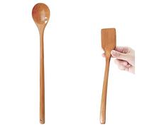 UPTALY 1 spatule en bois fin pour omelette (27 cm x 4,5 cm), 1 cuillère à mélanger à long manche (34 cm x 5 cm), bois massif naturel, petite spatule à œufs au plat, cuillère à mélanger étendue