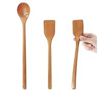 UPTALY 2 spatules en bois fin pour omelette (27 cm x 4,5 cm), 1 cuillère à mélanger à long manche (34 cm x 5 cm), bois massif naturel, petite spatule à œufs au plat, cuillère à mélanger étendue