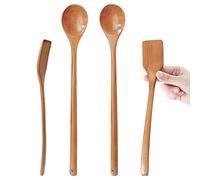 UPTALY 2 spatules en bois fin pour omelette (27 cm x 4,5 cm), 2 cuillères à mélanger à long manche (34 cm x 5 cm), bois massif naturel, petite spatule à œufs au plat, cuillère à mélanger étendue