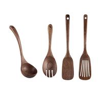 UPTALY Lot de 4 ustensiles de cuisine en bois (B1), cuillères en noyer noir naturel, louche épaisse, spatule ajourée en bois, cuillère à mélanger extra longue, grattoir