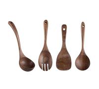 UPTALY Lot de 4 ustensiles de cuisine en bois (B3), cuillères en noyer noir naturel, louche épaisse, pelle de cuisine robuste, spatule ajourée en bois, cuillère à mélanger extra longue, racloir