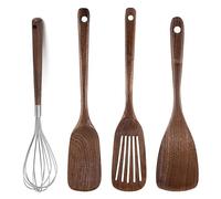 UPTALY Lot de 4 ustensiles de cuisine en bois (B6), cuillères en noyer noir naturel, louche épaisse, spatule ajourée en bois, cuillère à mélanger extra longue, grattoir
