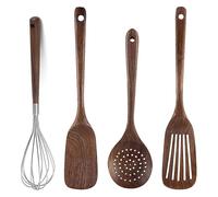 UPTALY Lot de 4 ustensiles de cuisine en bois (C1), cuillères en noyer noir naturel, louche épaisse, spatule ajourée en bois, cuillère à mélanger extra longue, grattoir