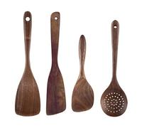 UPTALY Lot de 4 ustensiles de cuisine en bois (C5), cuillères en noyer noir naturel, louche épaisse, spatule ajourée en bois, cuillère à mélanger extra longue, grattoir