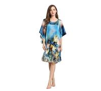 UQACHG Chemise de Nuit en Soie de mûrier pour Femme, Pyjama Ample en Soie Grande Taille,Blue-One Size