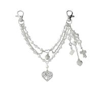 Uqezagpa Breloque de sac légère en alliage de 24 g avec nœud élégant en forme de cœur et pompons pour un usage quotidien et les voyages avec perles d'imitation porte-clés