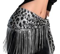 Uqezagpa Ceinture ventrale à paillettes avec imprimé léopards - Jupe longue à franges pour danse du ventre - Écharpe de hanche pour spectacle et festival de musique - Ceinture ventrale en cristal