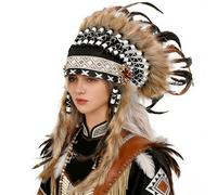 Uqezagpa Coiffe à plumes délicate ethnique indienne - Coiffe de chef de tribu africaine - Pour Halloween, fête d'Halloween - Coiffe indienne pour enfants et femmes - Costume