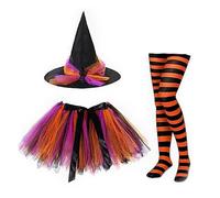 Uqezagpa Costume de sorcière d'Halloween avec chapeau de magicien pointu rayé au-dessus du genou et jupes tutu pour Noël, cosplay, fête, costume de magicien, hommes, enfants, adultes