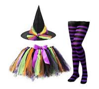 Uqezagpa Costume de sorcière d'Halloween avec chapeau de magicien pointu rayé au-dessus du genou, jupe tutu pour Noël, cosplay, fête, Halloween, cosplay