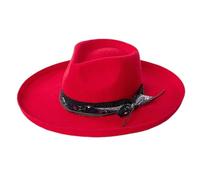 Uqezagpa Élégant chapeau Homburg en laine avec ruban exotique en laine à large bord pour tenue décontractée, chapeau Homburg unisexe pour homme parrain, Rouge, Taille unique