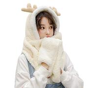 Uqezagpa Foulard pour femme, hiver chaud renne en peluche capuche chapeau avec longue écharpe gants, beige, Length: 240cm Scarf: 15cm Gloves: 20cm