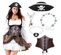 Uqezagpa Lot de 5 accessoires de pirate : corset, écharpe, chaîne de taille, cache-œil et chapeau pour cosplay, accessoires de costume de pirate