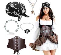 Uqezagpa Lot de 5 accessoires de pirate : corset, écharpe, chaîne de taille, cache-œil et chapeau pour cosplay, accessoires de costume de pirate