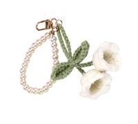 Uqezagpa Porte-clés en crochet fait à la main en forme de fleur avec perles et texture douce pour sacs et clés, blanc, Length 26cm