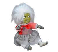 Uqezagpa Poupée assise avec visage lumineux et sons terrifiants et activation vocale pour porche de cour, décoration, fournitures de fête, animatronique