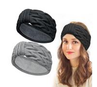 UQTUKO Bandeau Cheveux Femme Hiver, 2 pièces Bandeaux Hiver Dames Bandeau Oreille Femme avec Doublure en Peluche Crochet Tricoté Diadème Femme Hiver pour Sport Fitness Course, Noir + Gris