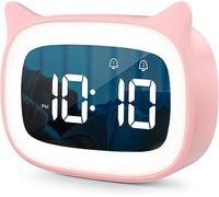 UQTUKO Réveil Enfant Educatif, radio reveil enfant avec Veilleus Jour/Nuit Deux Alarmes 18 Types de Musique LED Numerique Lumineux avec Snooze Rechargeable reveil educatif pour Garçons Filles, Rosa