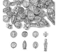 UR URLIFEHALL Lot de 40 perles tibétaines en argent Vierge Marie, 8 styles, avec croix de Jésus, perles d'espacement pour création de bijoux, artisanat DIY, décoration et cadeaux