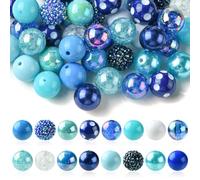 UR URLIFEHALL Lot de 50 perles rondes en acrylique de la série bleue - Perles grosses en forme de gomme à mâcher - Perles lâches pour la fabrication de bijoux, de bijoux DIY, d'ornements capillaires