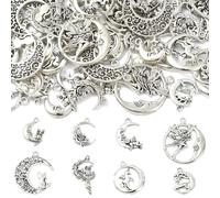 UR URLIFEHALL Lot de 80 breloques en forme de lune en argent vieilli - 8 styles - Pendentifs tibétains vintage - Chat Ange Licorne - Pour la fabrication de bijoux en vrac