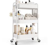 Urackify Chariot de Rangement à roulettes 3 Niveaux avec Boîtes Suspendues et Crochets - Chariot Rangement Roulette Multifonction pour Cuisine, Salle de Bain, Buanderie - Blanc