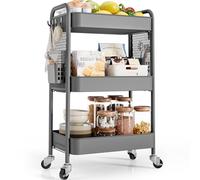 Urackify Chariot de Rangement à roulettes 3 Niveaux avec Boîtes Suspendues et Crochets - Chariot Rangement Roulette Multifonction pour Cuisine, Salle de Bain, Buanderie -Gris