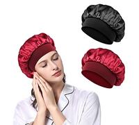 URAQT Bonnet Satin Cheveux Nuit, 2 Pièces Bonnet de Nuit en Satin élastique, Bonnet Cheveux Nuit pour Femmes, Soins des Cheveux Bonnets de Nuit Doux et réutilisable (Noir, Rouge)