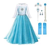 URAQT Elsa Déguisement, Robe Filles Costume Elsa, Costume Petites Filles Princesse Elsa Déguisement, Costume et Accessoires Noël Halloween Anniversaire Robe de Cosplay Couronne Baguette (140cm)