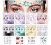 URAQT Gemmes de Visage, 12 Feuilles Bijoux Strass Autocollants, Cristal Auto-Adhésifs Arc-En-Ciel Diamants Tatouages Temporaires pour Femmes Maquillage/Festival Accessoires/Nail Art Décorations