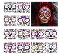 URAQT Halloween Tatouages Temporaires pour visage, 12 Feuilles Brillent Dans Noir Tatouage Ephemere, Terreur Crâne mort Sourire de Clown Squelette Autocollant pour Adulte Enfants Halloween Maquillage