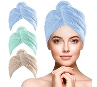 URAQT Lot de 3 Serviettes de Séchage en Microfibre Super Absorbantes pour Cheveux - Avec Boutons pour Cheveux Secs, Serviette de Bain pour Femmes (Bleu, Vert, Café)