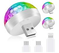 URAQT Mini Lampes Disco, 3pcs Blanc USB Lumière de Boule, 4 Couleurs Lumière Stroboscopique Portable avec 9 Adaptateurs, Lumière D'ambiance de Voiture LED pour Fêtes de Noël DJ Intérieur de Voiture