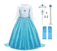 URAQT Robe de princesse avec couronne, baguette, gants et diadème, costume avec accessoires pour fille, déguisement pour carnaval, Halloween, cosplay, 140