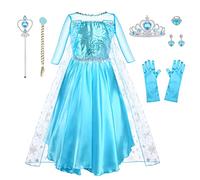 URAQT Robe Elsa Costume de Princesse, Costume Princesse Enfant avec Accessoires de Baguette Magique Princesse Couronne, Robe Longue Costume pour Fête/Cosplay,130CM