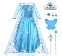 URAQT Robe Elsa Enfant de Princesse, Elsa Costume Princesse avec Accessoires de Baguette Magique Princesse Couronne, Elsa Déguisement de Cape Brillante de Luxe pour Fête/Cosplay(140)