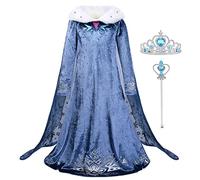 URAQT Robes Elsa Fille, Elsa Robe avec Baguette et Couronne, Robe Enfant de Princesse, Manches Longues Costume Elsa pour Noël Halloween Anniversaire Déguisements Princesse Elsa de Cosplay(100)