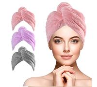 URAQT Serviette Cheveux, Lot de 3 serviettes de séchage en microfibre super absorbantes avec boutons pour cheveux secs, Serviette de Bain Cheveux pour Femmes