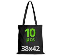 URBAN 5884 Sac en coton 38X42 cm, ensemble de sacs non imprimés, poignée longue, sacs en tissu résistant, sac de courses réutilisables à imprimer ou à peindre, Noir, 10