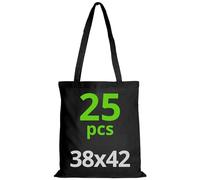 URBAN 5884 Sac en coton 38X42 cm, ensemble de sacs non imprimés, poignée longue, sacs en tissu résistant, sac de courses réutilisables à imprimer ou à peindre, Noir, 25