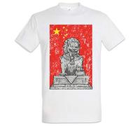Urban Backwoods Chinese Lion Statue and Flag Hommes T-Shirt Blanche Taille XL