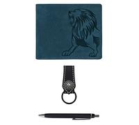 Urban Forest Leo Portefeuille vintage en cuir bleu avec blocage RFID + stylo noir + porte-clés pour homme, bleu vintage + stylo + porte-clés, portefeuille à deux volets, Bleu vintage + stylo +
